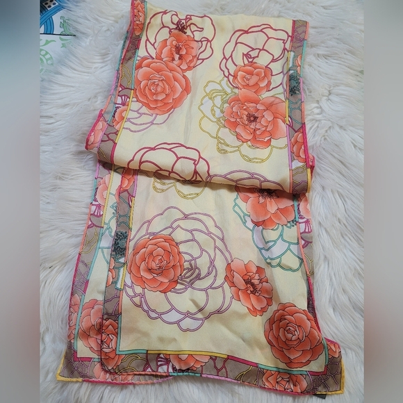 ACCESSORY ST New York Silk Scarf - flora with Pink and Orange Roses Silk 100% - Picture 1 of 4